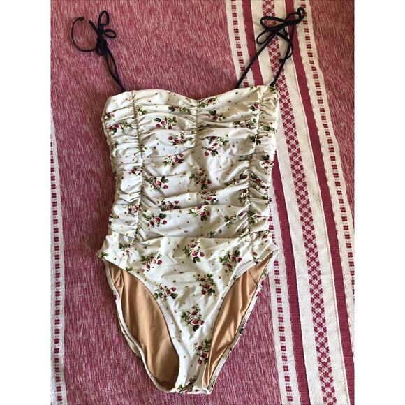 J. Crew Factory Smocked One-Piece Swimsuit White Floral Size 12 High Leg - Picture 1 of 7